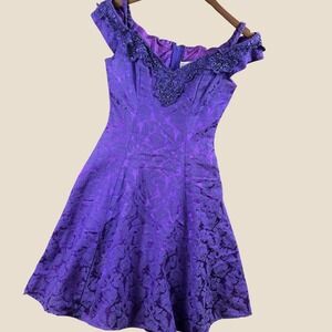 Vintage Zum Zum Dress Women 7/8 Purple Brocade Sequin Prom Party Off Shoulder‎